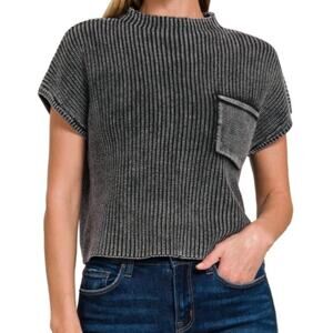 Leela & Lavender Washed Black Talk It Over Ribbed Relaxed Mock Neck Sweater Top